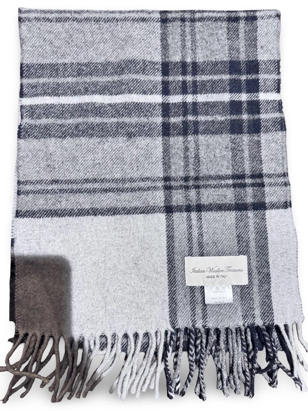 Italian Wool Plaid Scarf in Gray and Navy